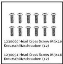 1230050 Head Cross Screw M3x10 Kreuzschlitzschrauben (12) 1230051 Head Cross Screw M3x16 Kreuzschlitzschrauben (12)