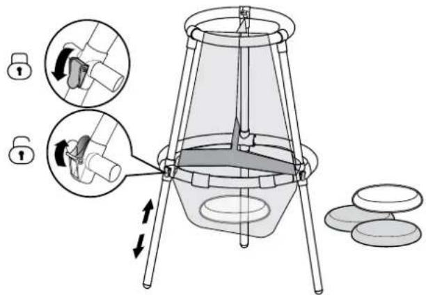 Diagram illustrating a mechanical setup with labeled parts and directional arrows indicating motion or assembly.