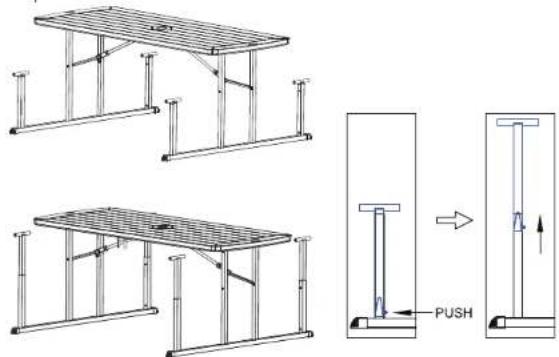 Technical diagram showing structural assembly of a metal frame with pull-up mechanism labeled 'PUSH'
