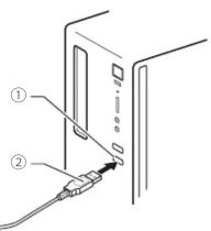 Diagram showing cable connection to a device with labeled parts ① and ②