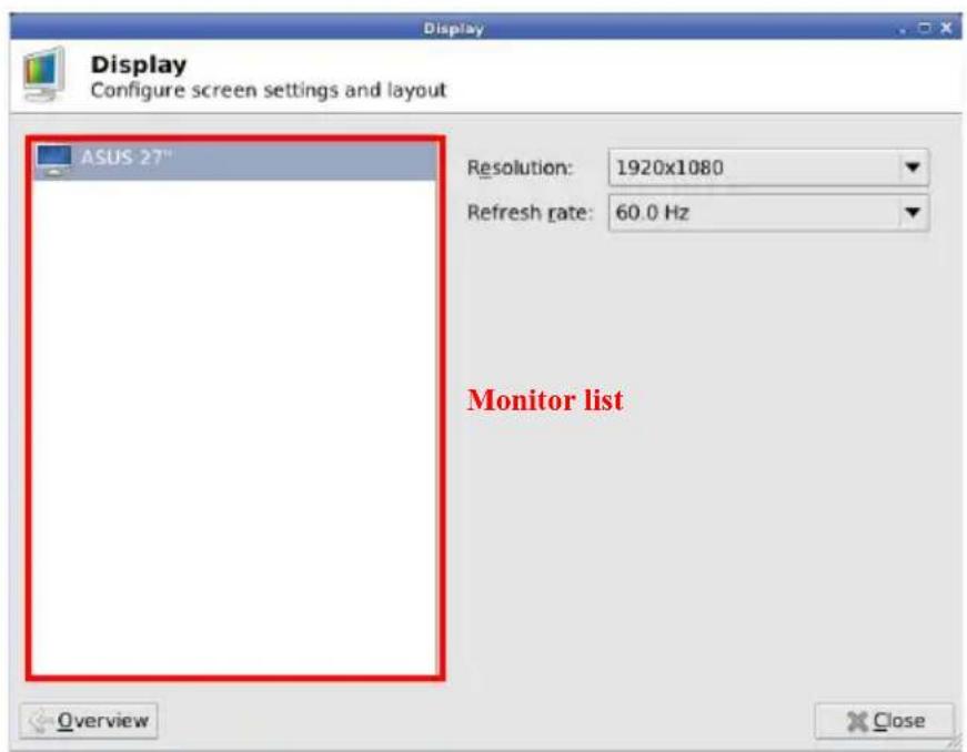 Display Configure screen settings and layout ASUS 27™ Resolution: 1920x1080 Refresh rate: 60.0 Hz Monitor list Overview Close