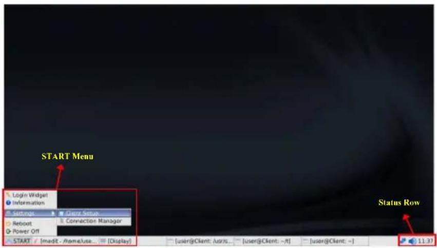 START Menu Login Widget Information Settings Reboot Power Off START / [medR - Aome/use...] (Display) [user@Client: AusrIs...] [user@Client: ~R] [user@Client: ~] Status Row 11.37