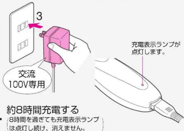 交流 100V専用 3 充電表示ランプが点灯します。 約8時間充電する (8時間を過ぎても充電表示ランプ) は点灯し続け、消えません。