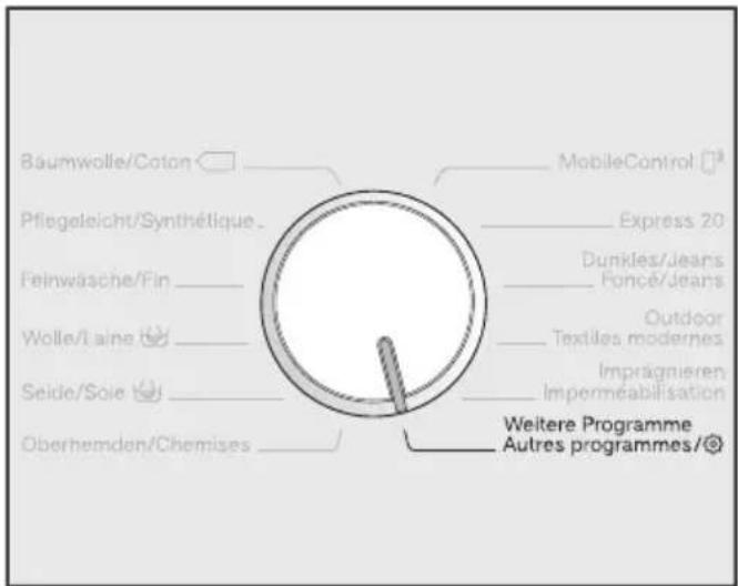 MIELE WWE 800-60 CH TDos Wifi - Anwahl von weiteren Programmen über Programmwählerstellung "Weitere Programme/☐" und Display: - 1