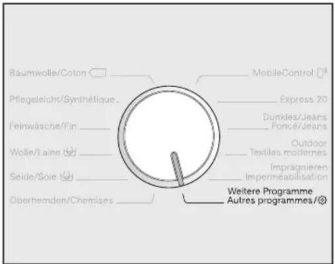 MIELE WCI 600-70 CH TDos XL & Wifi - Anwahl von weiteren Programmen über Programmwählerstellung "Weitere Programme/☐" und Display: - 1