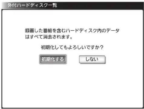 外付ハードディスク一覧 録画した番組を含むハードディスク内のデータ はすべて消去されます。 初期化してもよろしいですか? 初期化する しない