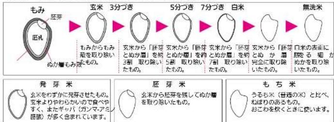 もみ 胚芽 3分づき 5分づき 7分づき 白米 無洗米 発芽米 玄米をすかに発芽させたもの。 玄米よりやわらかいので食べやすく、またギャバ(ガンマアミ)腹膜が多く含まれています。 胚芽 玄米から胚芽を揃してぬか層を取り除いたもの。 うち うるち米(普通の米)と比べ、ねばりのあるもの。 おこわを炊くときに使います。