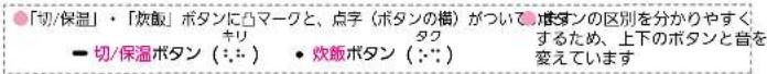 「切/保温」・「炊飯」ボタンに凸マークと、点字(ボタンの橋)がついて推タンの区別を分かりやすく キリ タク するため、上下のボタンと音を 変えています - 切/保温ボタン(::) - 炊飯ボタン(::)