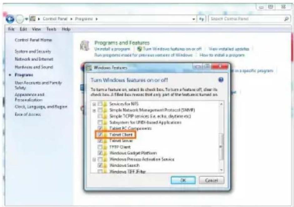 Control Panel > Programs > File Edit View Tools Help Control Panel Home Systems and Security Network and Internet Hardware and Sound Programs User Accounts and Family Safety Appearance and Personalization Clock, Language, and Regime Data of Access Select Control Panel Select Controls Panel Programs and Features Uninstall a program Turn Windows features on or off View installed updates Run programs made for previous versions of Windows How to install a program Windows Features Turn Windows features on or off! To turn a feature on, select its check box. To turn a feature off, clear its check box. A filled box requires that only part of the feature is turned on. □ Services for NPS □ Simple Network Management Protocol (SNMP) □ Simple TCP/IP services (i.e. e.r.ha, deytime etc) □ Subsystem for UNDI-based Applications □ Tablet PC Components ☑ Talent Client ☑ Talent Server □ FTPP Client ☑ Windows Gadget Platform □ Windows Process Activation Service □ Windows Search □ Windows TEF JFitter OK Cancel