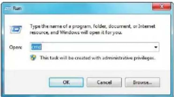 Run Type the name of a program, folder, document, or Internet resource, and Windows will open it for you. Open: cmd This task will be created with administrative privileges. OK Cancel Browse...