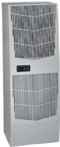 Exterior view of a large industrial cooling unit with ventilation grilles and a central control panel (no visible text or symbols)