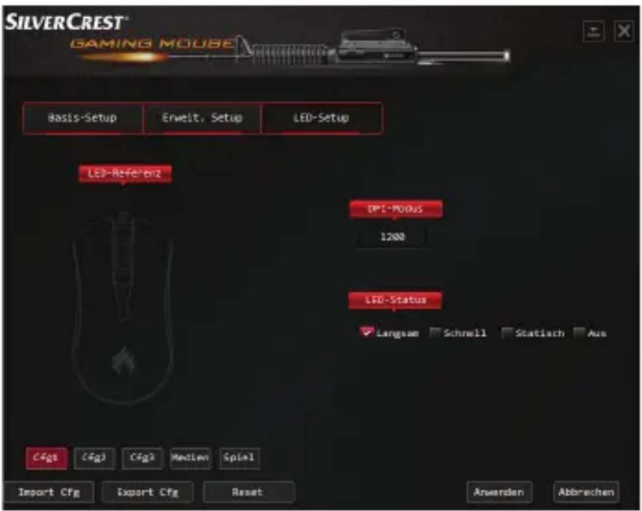 SILVERCREST® GAMING MOUSE Basis-Setup, Erweit. Setup, LED-Setup LED-Referenz DPS-Modus 1200 LED-Status Langsam Schnell Statisch Aus Cfg1 (Fg) Cfg2 Medien Spiel Import Cfg Export Cfg Reset Anwenden Abbrechen