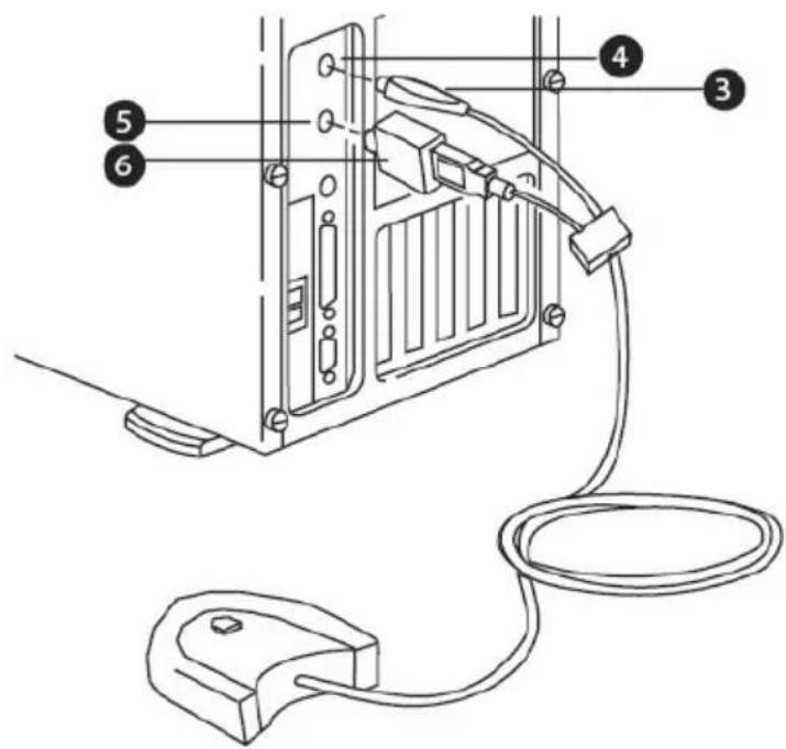 Technical diagram of a device rear panel with labeled components including cable and connectors