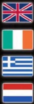 Four national flags: UK, Ireland, Greece, and Netherlands, each represented by a colored square or flag design.
