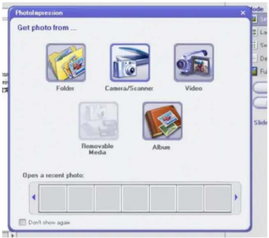 Photolimpression Get photo from ... Folder Camera/Scanner Video Removable Media Album Open a recent photo: Don't show again