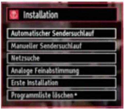 Installation Automatischer Sendersuchlauf Manueller Sendersuchlauf Netzsuche Analoge Feinabstimmung Erste Installation Programmliste löschen *