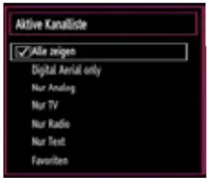 Aktive Kanallide ✓ Alle zeigen Digital Aerial only Nur Analog Nur TV Nur Radio Nur Text Favorites