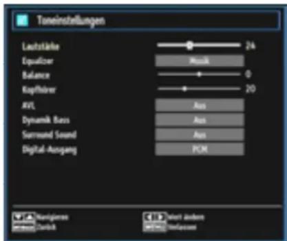 Toneinstellungen Laufstände 24 Equalizer Match Balance 0 Kapitaler 20 AVL Aus Dynamik Bass Aus Surround Sound Aus Digital-Ausgang PCM Navigatres durch 100% undem durch 100% undem