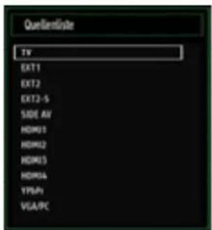 Quellentiste TV EXT1 EXT2 EXT2-5 SIDE AV HDMI1 HDMI2 HDMI3 HDMI4 YPSN VLA/PC