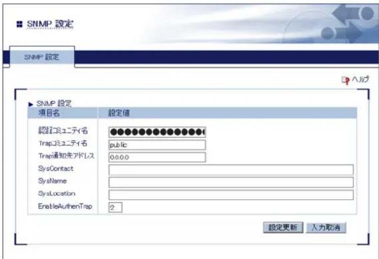 SNMP 設定 SNMP 設定 ▶ SNMP 設定 項目名 設定値 認証コミュニティ名 ●●●●●●●●●●●●●●●● Trapコミュニティ名 public Trap通知先アドレス 0.0.0.0 SysContact SysName SysLocation EnableAuthenTrap 2 設定更新 入力取消