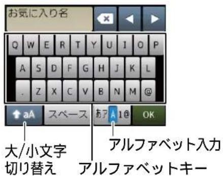 お気に入り名 Q W E R T Y U I O P A S D F G H J K L . Z X C V B N M @ ↑ aA スペース おア A 1@ OK 大/小文字 切り替え アルファベット入力 アルファベットキー