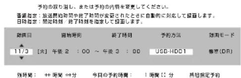 予約の取り消し、または予約の内容を更更してください。 面銀指定：放送周約時間や終了時間が変更されたときに自動的に対応して録直します。 日時指定：開始時刻・終了時刻を指定して録直します。 録直日 11/3 [火] 午後 2 : 00 ~ 午後 3 : 00 USB-HDD1 普星(DR) 別時間：** 周間 ** 分 今日の予約時間：1 周後【】分 昆相指定予約