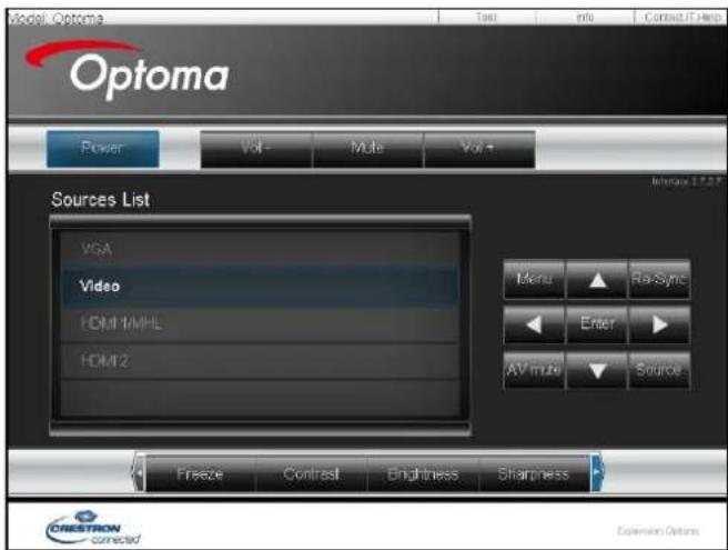 Model Optoma Test info Contact IT Help Optoma Power Vol - Mult Vol - Sources List VGA Video HDMI/MHL HDMI2 Menu Re-Sync Enter AV mute Source Freeze Contrast Brightness Sharpness CRESTRON corrected Extension Options