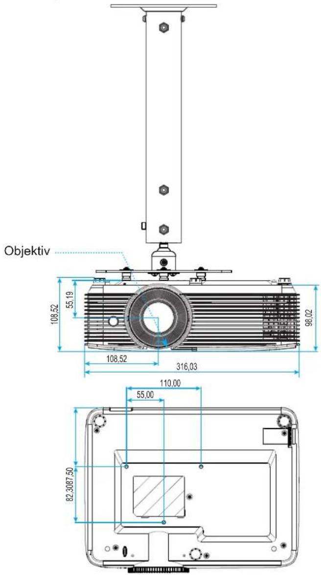 OPTOMA WU335 - Projektorabmessungen und Deckenmontage - 1