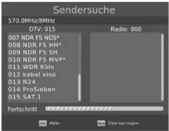 Sendersuche 570.0MHz/8MHz DTV: 015 Radio: 000 007 NDR FS NDS* 008 NDR FS HH* 009 NDR FS SH 010 NDR FS MVP* 011 WDR Köln 012 kabel eins 013 N24 014 ProSieben 015 SAT.1 Fortschritt Abbr. HDL Überspringen