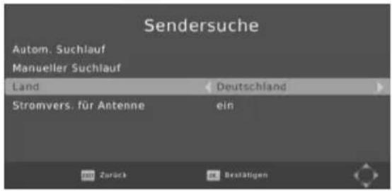 Sendersuche Autom. Suchlauf Manueller Suchlauf Land Deutschland Stromvers. für Antenne ein Zurück Bestätigen