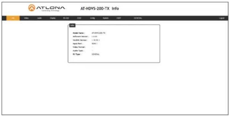 Atlona HDVS-200-TX - The Info page will be displayed. - 1