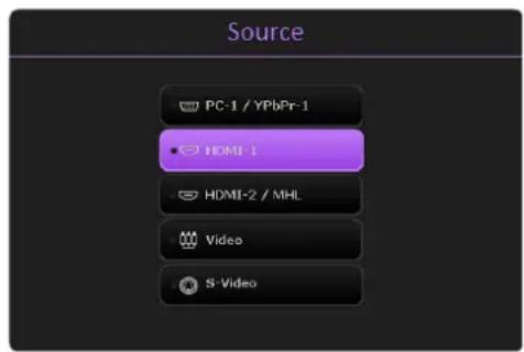 Source PC-1 / YPbPr-1 HDMI-1 HDMI-2 / MHL Video S-Video