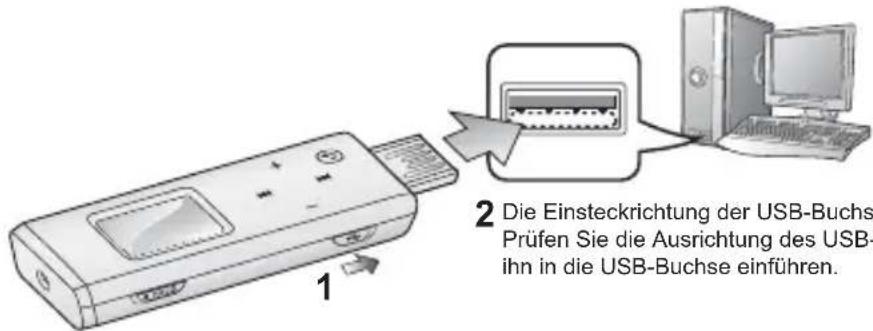 1 2 Die Einsteckrichtung der USB-Buchs Prüfen Sie die Ausrichtung des USB- ihn in die USB-Buchse einführen.