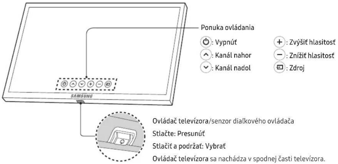 Ponuka ovládania : Vypnút +: Zvýšit hlasitost +: Kanál nahor -: Znížit hlasitost +: Kanál nadol +: Zdroj SAMSUNG Ovládač televízora/senzor dialkového ovládača Stlačte: Presunút Stlačit a podržat: Vybrat Ovládač televízora sa nachádza v spodnej časti televízora.