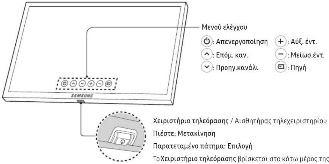 Μενού ελέγχου ●: Απενεργοποίηση +: Αύξ. έντ. ∧: Επόμ. καν. -: Μείωσ.έντ. ✓: Προηγ.κανάλι □: Πηγή SAMSUNG Χειριστήριο τηλεόρασης / Αισθητήρας τηλεχειριστηρίου Πιέστε: Μετακίνηση Παρατεταμένο πάτημα: Επιλογή ΤοΧειριστήριο τηλεόρασης βρίσκεται στο κάτω μέρος της