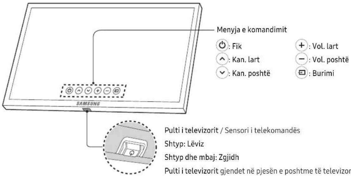 Menyja e komandimit ●: Fik ▲: Kan. lart ▼: Kan. poshtë +: Vol. lart -: Vol. poshtë □: Burimi SAMSUNG Pulti i televizorit / Sensori i telekomandës Shtyp: Lëviz Shtyp dhe mbaj: Zgjidh Pulti i televizorit gjendet në pjesën e poshtme të televizor