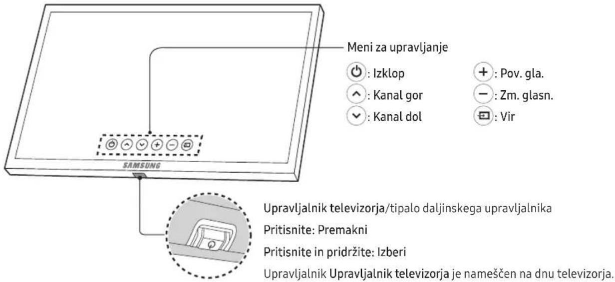 Meni za upravljanje : Izklop +: Pov. gla. ∧: Kanal gor -: Zm. glasn. ✓: Kanal dol : Vir SAMSUNG Upravljalnik televizorja/tipalo daljinskega upravljalnika Pritisnite: Premakni Pritisnite in pridržite: Izberi Upravljalnik Upravljalnik televizorja je nameščen na dnu televizorja.
