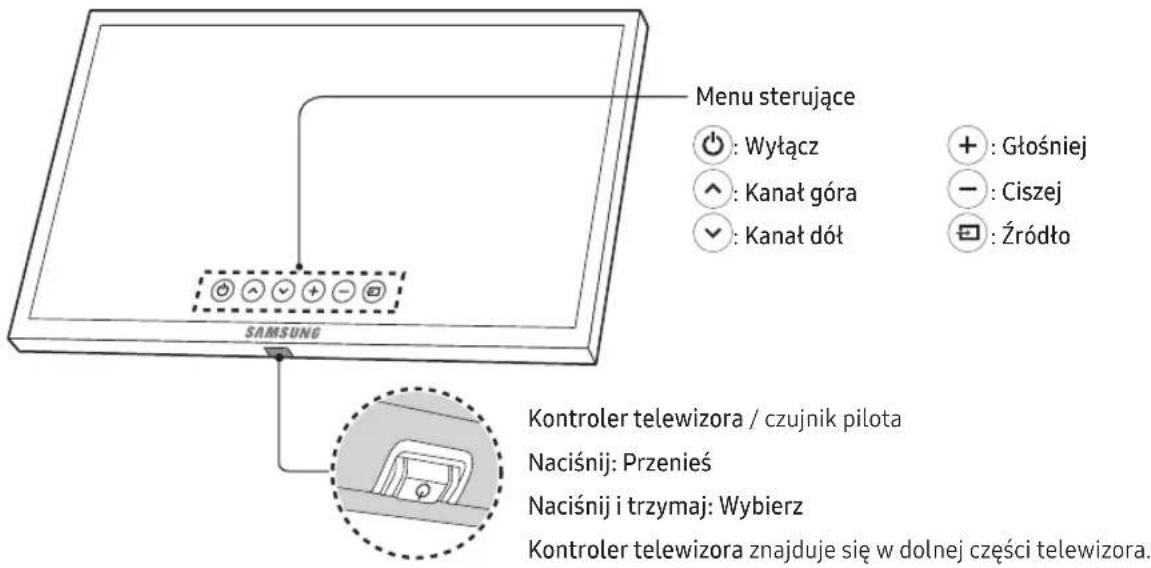 Menu sterujące : Wyłącz +: Głośniej +: Ciszej +: Żródło Kontroler telewizora / czujnik pilota Naciśnij: Przenieś Naciśnij i trzymaj: Wybierz Kontroler telewizora znajduje się w dolnej części telewizora.