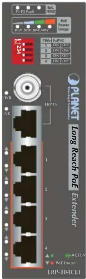 P1 P2 Fault Ext. RWR 10W 20W 30W 40W PoE Power Usage 1234 PWR LNK LRP IN 1 2 3 4 P0R P0E IN 1 ON OFF 2 ON OFF 3 ON OFF 4 ON OFF PLANET Long Reach PoE Extender ACTLN PoE In-use LRP-104CET