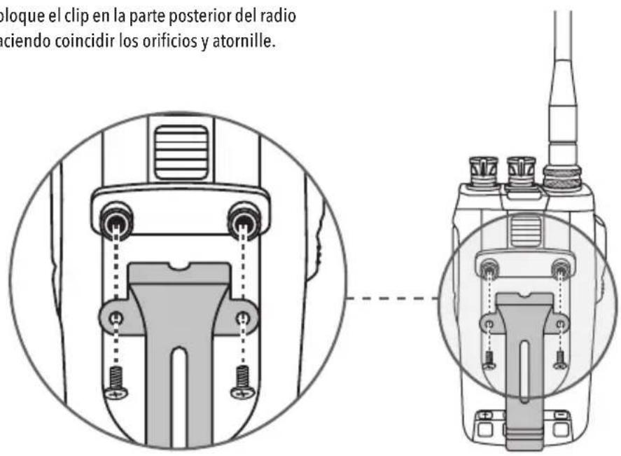 loque el clip en la parte posterior del radio ciendo coincidir los orificios y atornille.