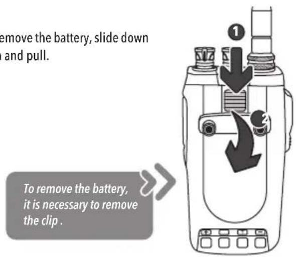 remove the battery, slide down and pull. To remove the battery, it is necessary to remove the clip.