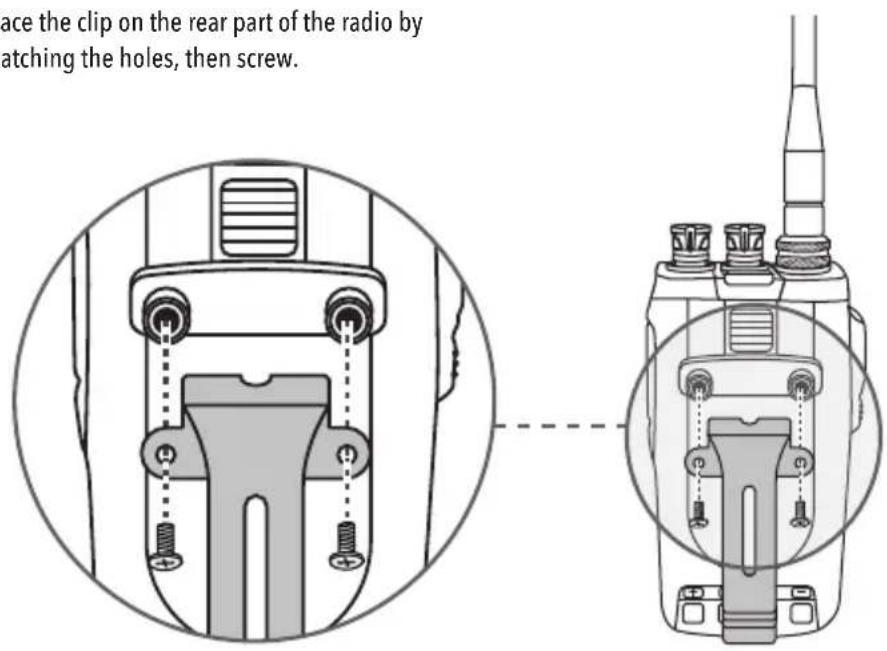 ace the clip on the rear part of the radio by atching the holes, then screw.
