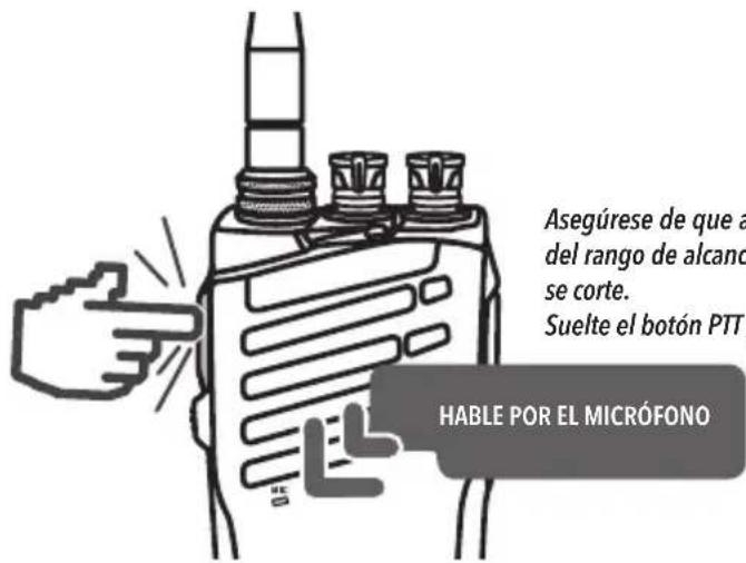 Asegúrese de que a del rango de alcance se corte. Suelte el botón PTT HABLE POR EL MICRÓFONO