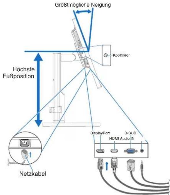 Größtmögliche Neigung Kopfhörer Höchste Fußposition Netzkabel DisplayPort D-SUB HDMI Audio IN