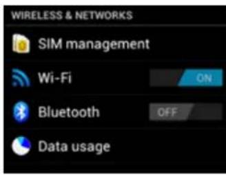 WIRELESS & NETWORKS SIM management Wi-Fi ON Bluetooth OFF Data usage