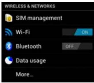 WIRELESS & NETWORKS SIM management Wi-Fi ON Bluetooth OFF Data usage More...