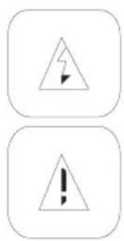 Two warning symbols: a triangle with a lightning bolt and a warning triangle with an exclamation mark.