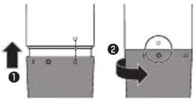 Diagram illustrating fluid dynamics with labeled components and directional arrows, showing two states of a container with liquid levels and a rotating component.