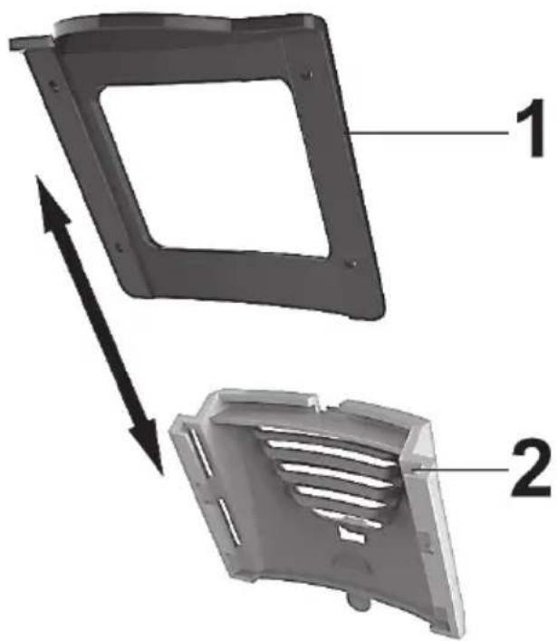 Technical diagram showing two views of a mechanical component with numbered parts and directional arrows indicating movement or assembly.