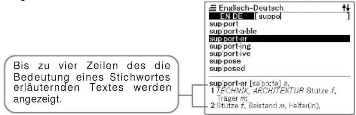 Bis zu vier Zeilen des die Bedeutung eines Stichwortes erläuternden Textes werden angezeigt. Englisch-Deutsch EN DE [suppo] support support-a-ble supporter support-ing support-ive sup-pose sup-posed supporter [se'po:ta] s. 1 TECHNIK, ARCHITEKTUR Stütze f, Träger m; 2 Stütze f, Beistand m, Helfer(in).